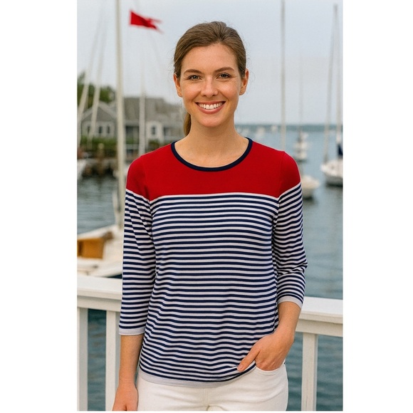 TALBOTS Red Block Sweater with Navy Stripes - Picture 1 of 11